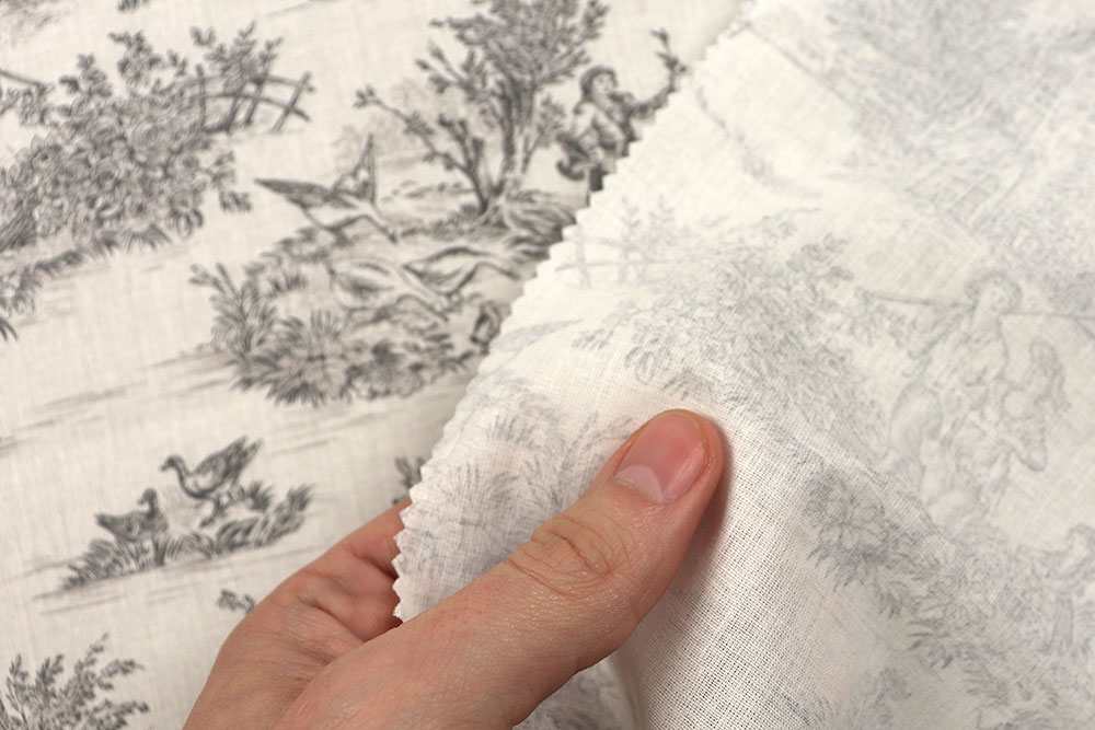 Schöner Baumwollstoff in Cretonne-Qualität mit nostalgischem Toile de Jouy Motiv in Überbreite Co6830 Baumwollstoff Toile Grau Übergardinen Baumwollstoff Toile de Jouy - 280 cm - Erntezeit - Grau
