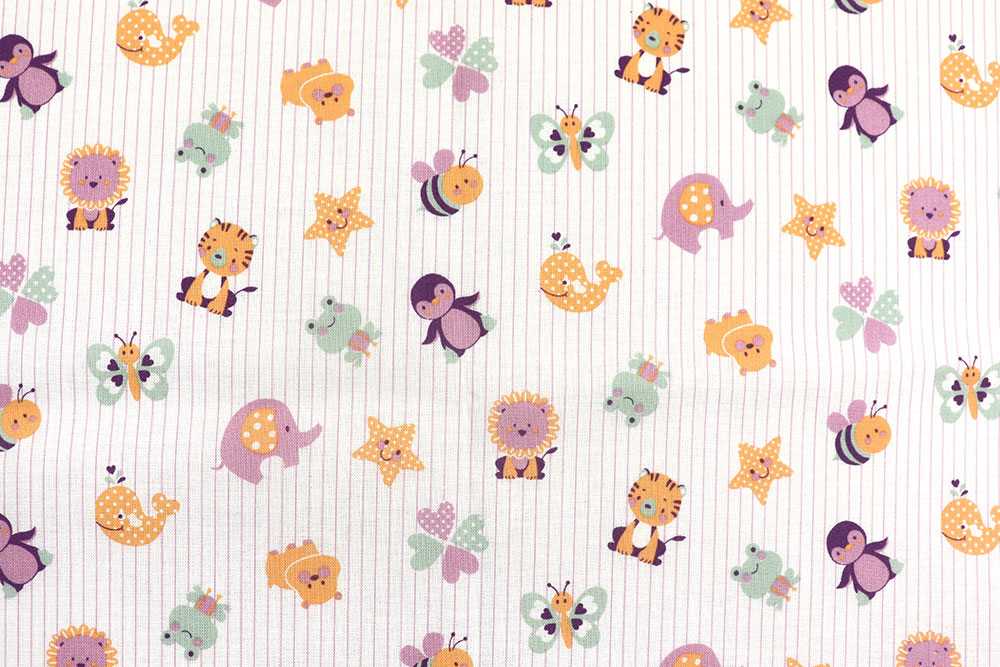 Weicher Baumwollstoff mit fröhlichem Tiermotiv in sanften Pastelltönen – ideal für Kinderzimmer, Bettwäsche, Deko und Accessoires. Co6930 Baumwollstoff Tierbabys Streifen S4 Baumwolle Tiere Baumwollstoff - Sweet Friends