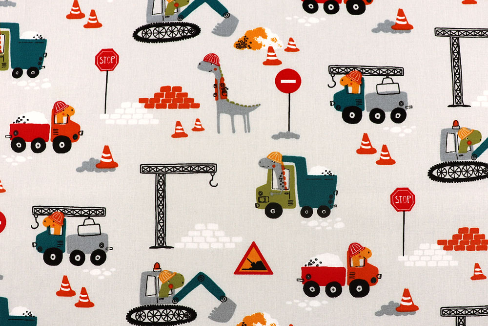 Niedlich bedrucktes Allround-Talent für Kleidung wie Deko, ideal für kindgerechte Kreationen Co6957 Baumwollstoff Dino Baustelle S4 Baumwolle Kinder Kinderstoff - Dino-Baustelle