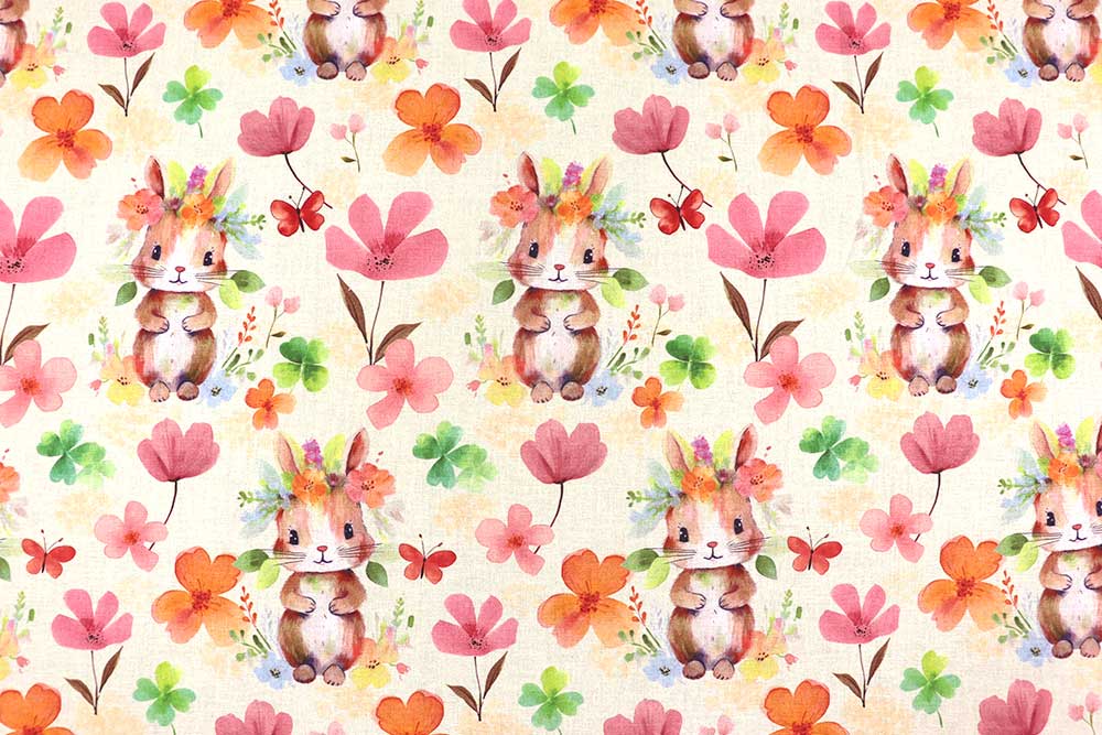 Digital bedruckte Baumwolle mit einem mega knuffigen Design, das nicht nur zu Ostern Freude bringt! Co6972 Baumwollstoff Hasen S4 Digital-Drucke Baumwollstoff Digital - Blumen-Hasi