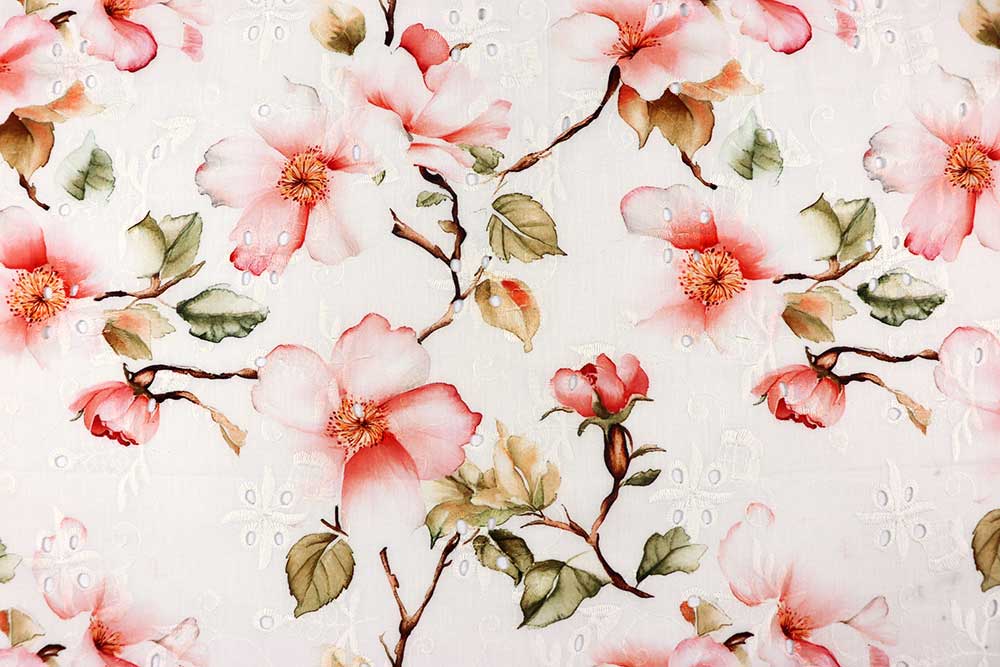 Zarter Baumwollstoff mit floralem Muster – ideal für Kleidung, Deko und kreative Nähprojekte.  Co6983 Baumwolle Stickerei Blueten S4 Baumwolle Blumen Baumwollstoff - Bestickt - Sakura