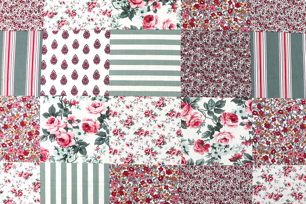 Feiner Cretonne mit romantischem Mustermix aus Rosenblüten, Streifen und Ornamenten Co7020 Baumwollstoff Patchwork.rosen Streifen S4 Baumwolle Blumen Baumwollstoff - Patchwork - Salbei/Rose