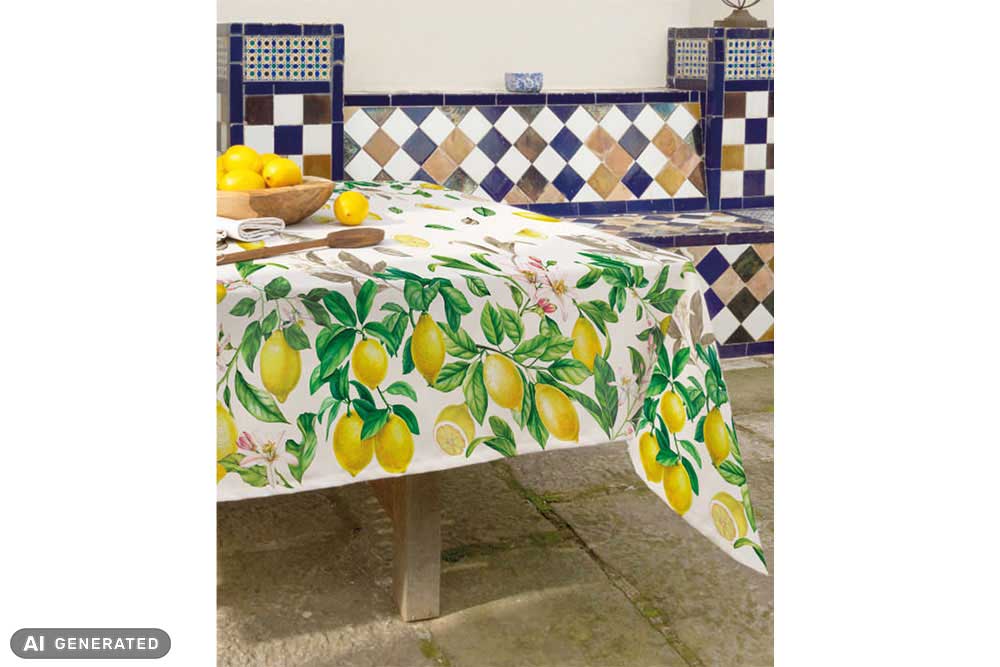 Mediterranes Zitronen-Design auf Recyclingfasern Ds3323 Dekostoff Zitronen Baumwolle Obst+Gem. Recycling-Dekostoff - Zitrone