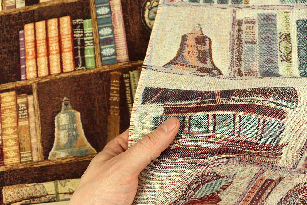 Schwerer Dekostoff mit dem beliebten Buchregal-Motiv für alle, die Antiquitäten lieben Ds1245 Gobelin Buchregal S4 Taschenstoffe Dekostoff Gobelin - Bücherregal