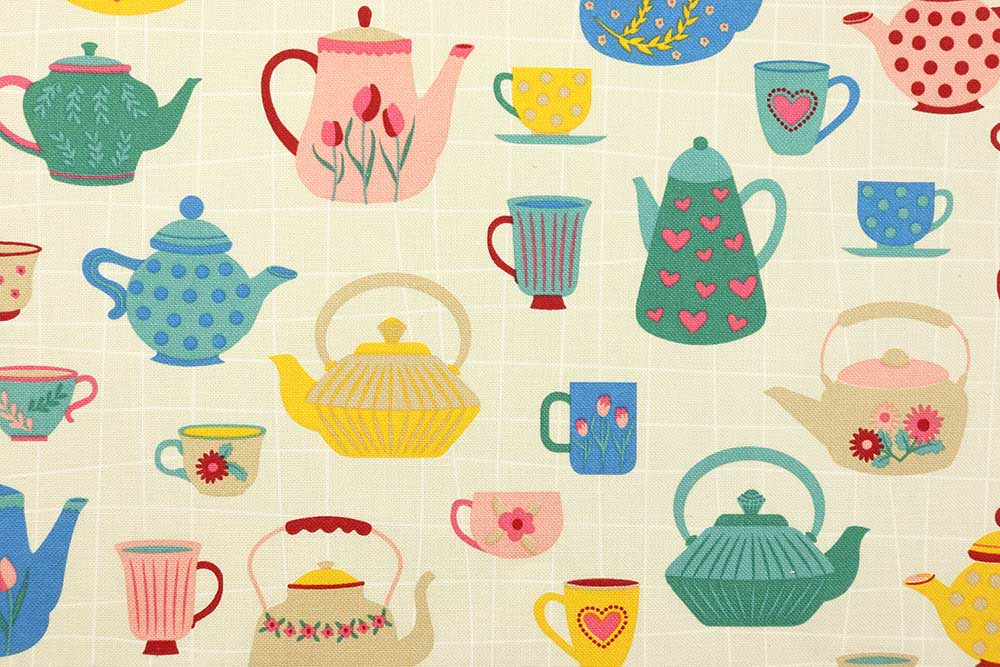 Dekostoff „Tea Time“ – farbenfrohes Design auf Baumwoll-Mischgewebe Ds1954 Dekostoff Teekanne S4 Übergardinen Dekostoff - Tea Time