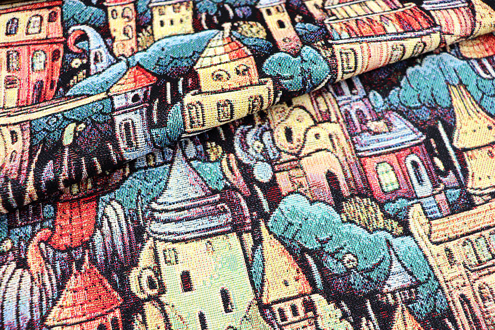Dieser farbenfrohe Gobelin nimmt Sie mit auf eine Reise in eine mystische Welt voller Zauberhäuser und Schlösser Ds2522 Gobelin Zauber Stadt Dekostoffe City Dekostoff Gobelin - Magische Stadt