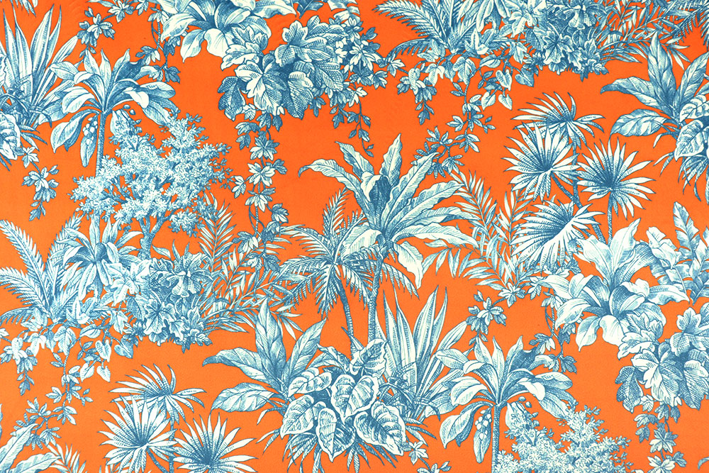 Knalliger Samt im Toile-de-Jouy-Stil für geschmeidige Kissen, Vorhänge und vieles mehr Ds4095 Samt Dekostoff Tropisch Toile De Jouy Orange S4 Toile de Jouy Samt-Dekostoff - Digitaldruck - Exotic Toile