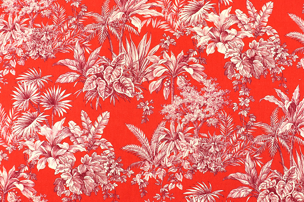 Knalliger Dekostoff aus reiner Baumwolle im Toile-de-Jouy-Stil für aparte Kreationen, die alle Blicke auf sich ziehen! Ds4096 Dekostoff Tropisch Toile De Jouy Rot S4 Toile de Jouy Dekostoff Premium - Exotic Toile