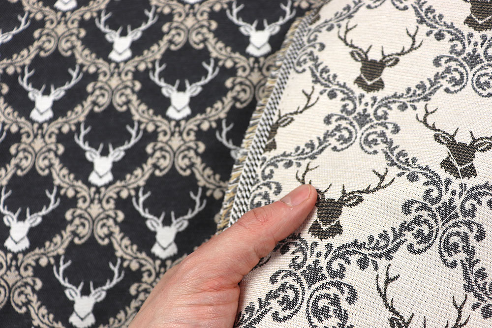 Edler, schwerer Jacquard-Stoff, beidseitig verwendbar - ideal für Dekorationen, Taschen und Kleidung im Landhausstil! Ds6086 Jacquard Beidseitig Hirsche Grau S4 Übergardinen Jacquard - Bregenz - Grau