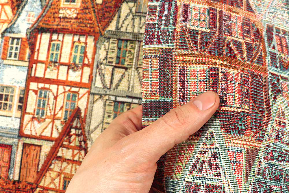 Gemütlicher Gobelin mit detailreichem Häuser-Design - ein Must-have unter den Dekostoffen! Ds6266 Gobelin Fachwerkhaus S4 Dekostoffe City Gobelin-Stoff - Fachwerkhäuser