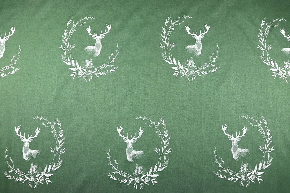 Landhaus in der schönsten Form - feiner Jacquard-Dekostoff mit gemütlichem Hirsch-Design Ds6326 Jacquard Dekostoff Hirsch Emblem Gruen Rueckseite Jacquard Dekostoff Jacquard beidseitig - Hirsch-Siegel - Grün