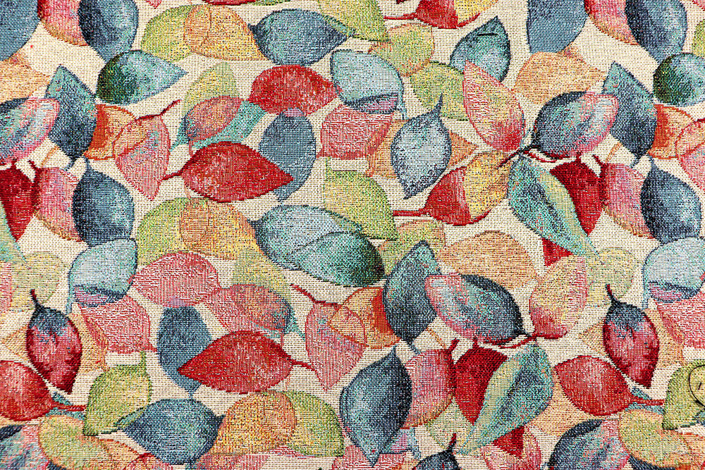 Bunt gewebter, farbenfroher Gobelin mit hohem Baumwollanteil - ein robuster Dekostoff für neue DIY-Projekte! Ds6340 Gobelin Blaetter S4 Dekostoffe NEU  Gobelin - Bunte Blätter