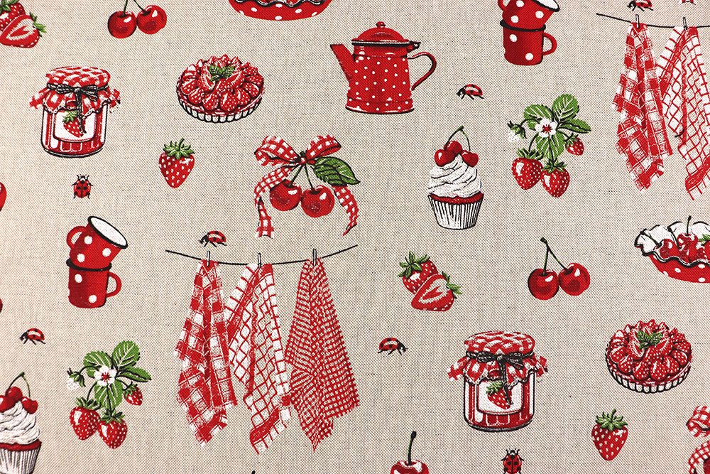Zwischen Kirschen, Erdbeeren und Cupcakes sagt Ihnen sogar ein Marienkäfer Hallo - dieser Dekostoff ist Cosy Feeling pur! Ds6403 Dekostoff Leinenoptik Rote Fruechte S4 Dekostoffe Kaffee/Küche Dekostoff Leinenoptik - Rote Früchte