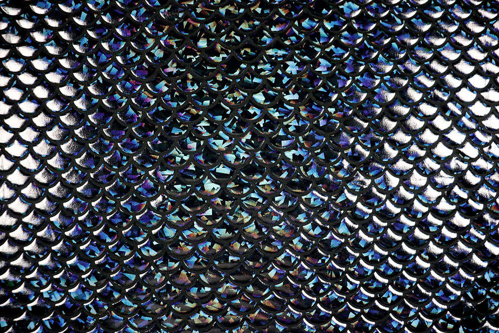 Stretchiger Folienjersey mit Schuppen-Motiv - ein Eye-Catcher für Kostüme, Tanzsport und vieles mehr! Sp168010 Hologrammstoff Schuppen Schwarz S4 Tanzkleiderstoff Hologramm - Schuppe - Schwarz