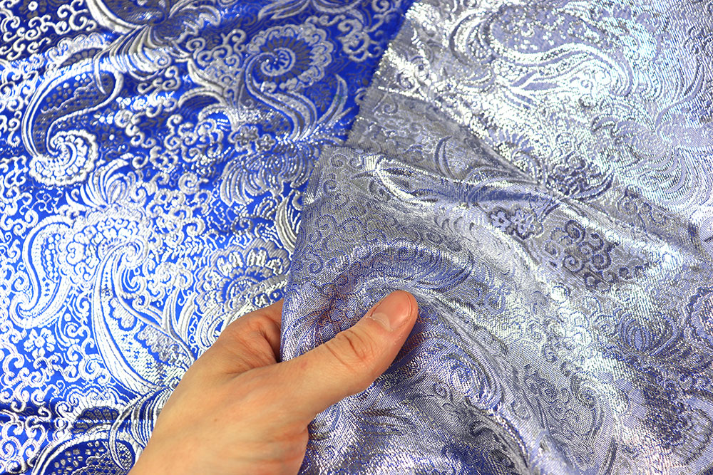 Effektvoller Stoff mit edlem, eingewebtem Muster für festliche Kostüme und besondere Anlässe Sp168017 Brokat Paisley Blau Brokat Meterware Brokat Maharadscha - Royal/Silber