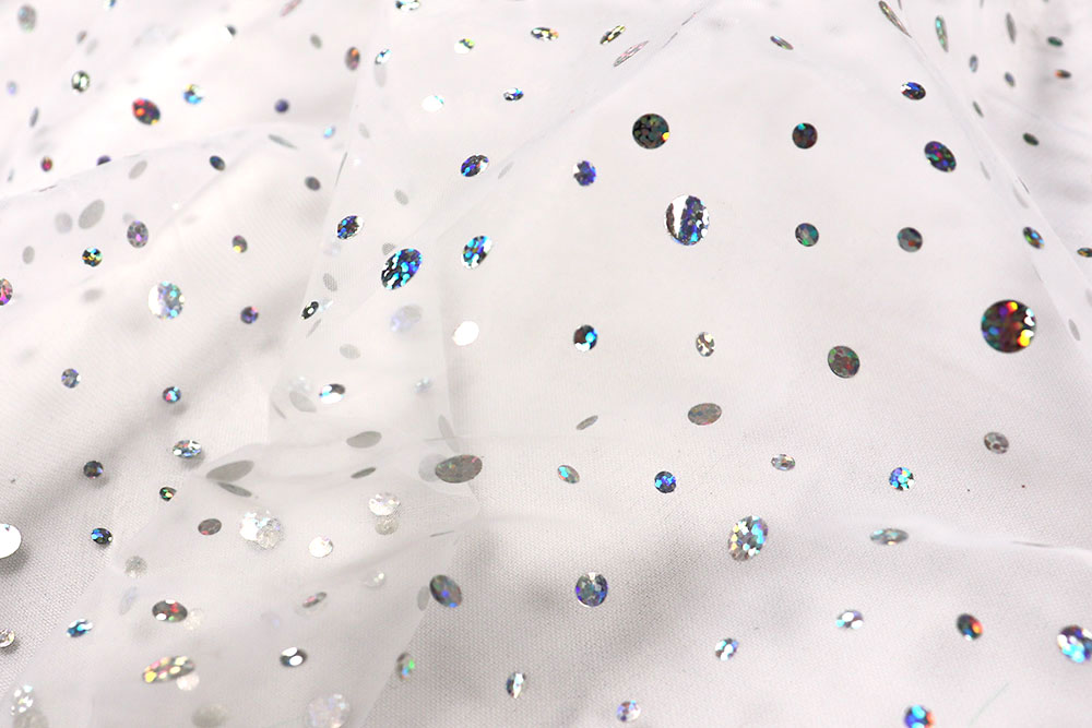 Feinster Organza mit Glitzer-Pailletten, toll für effektvolle Deko, Kleidung, Kostüme usw. Sp168045 Organza Pailletten Weiss 2 Mai Organza Hologramm - Pailletten - Weiß