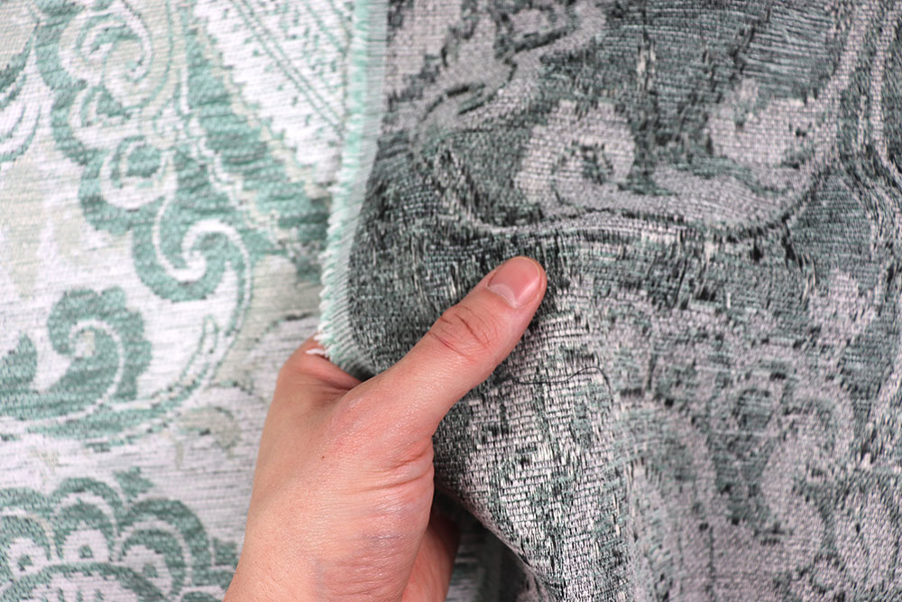 Edler Chenille-Möbelstoff mit opulentem, eingewebtem Muster - für edle Kreationen! Sp174025 Moebelstoff Paisley Gruen S4 Chenille-Stoffe Möbelstoff - Chenille Paisley - Grün