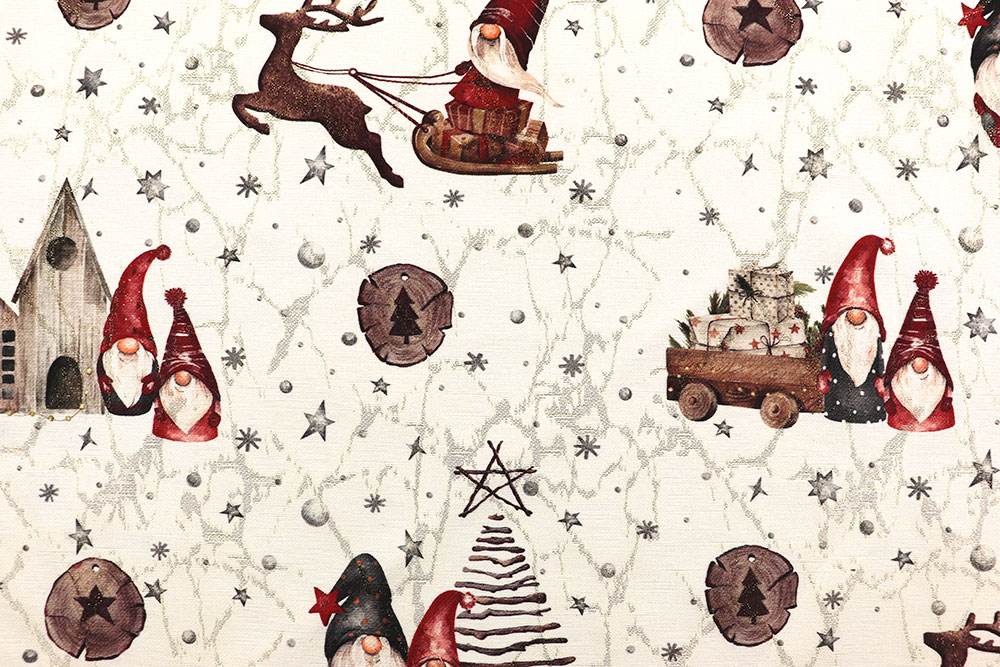 Edler Jacquard mit Glitzerelementen und herrlich festlicher Winterlandschaft, in der Wichtel ihr Unwesen treiben Wn5320 Jacquard Weihnachtsstoff Wichtel Weihnachten Wichtel Jacquard Glitzer - Wichtel-Weihnacht
