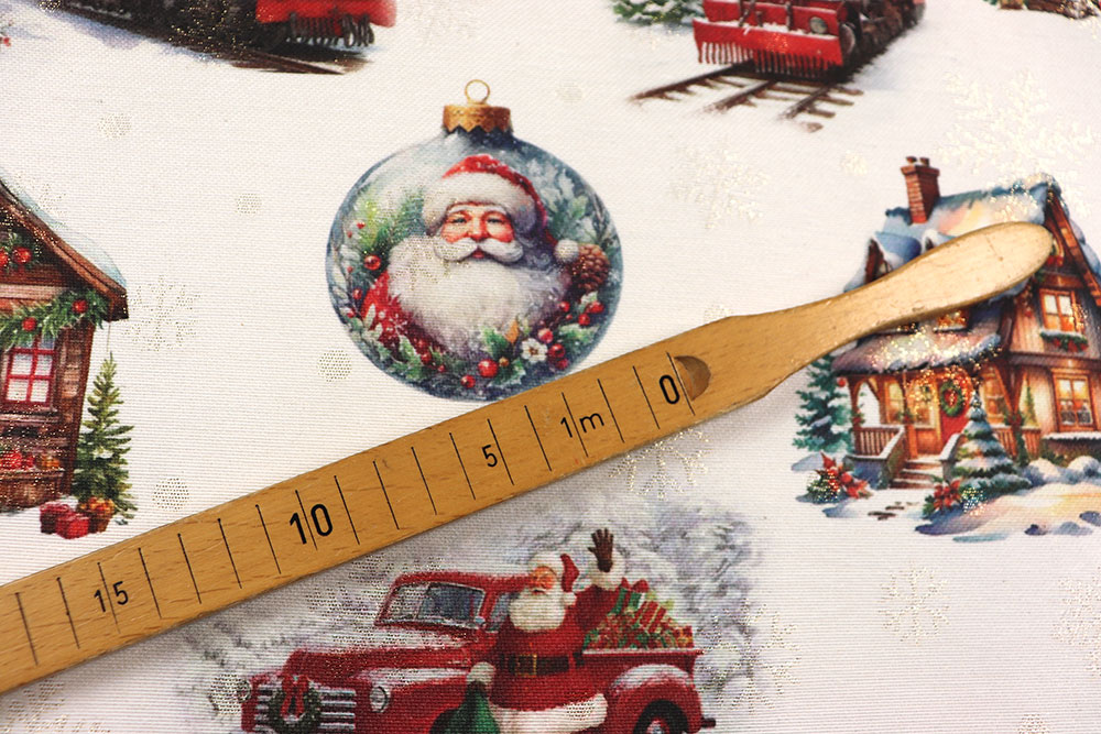 Weihnachtsstimmung mit Dampf, Glitzer und Liebe zum Detail. Wn5338 Jacquard Weihnachtsstoff Eisenbahn S4 Weihnachten Figuren Jacquard Glitzer - Christmas Express