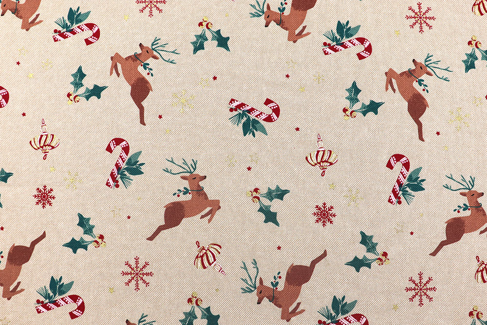 Rustikal-gemütlicher Dekostoff mit goldglänzenden Elementen und festlichem Rentier-Motiv Wn5352 Weihnachtsstoff Leinenoptik Rentiere S4 Weihnachten Tiere Weihnachtsstoff Leinenoptik - Rentiere