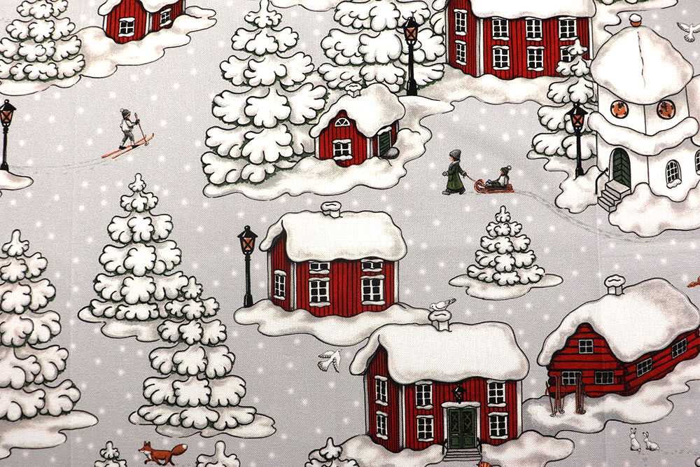 Reine Baumwolle mit einem Design aus Schweden - gemütlicher geht es nicht! Wn5359 Weihnachtsstoff Winterdorf S4 Baumwolle Tiere Dekostoff Premium Scandinavia - Verschneites Dorf