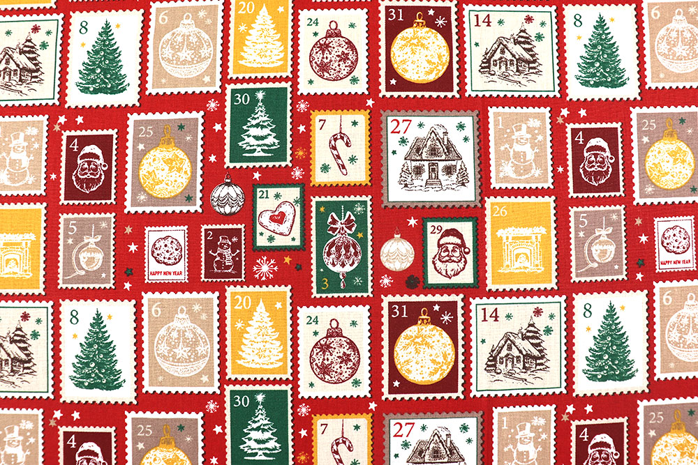 Ho ho ho - schicken Sie Grüße zum Nordpol und erfreuen Sie sich an diesem festlich-bunten Baumwollstoff! Wn5366 Weihnachtsstoff Briefmarken S4 Weihnachten Weihnachtsstoff Baumwolle - Briefmarken