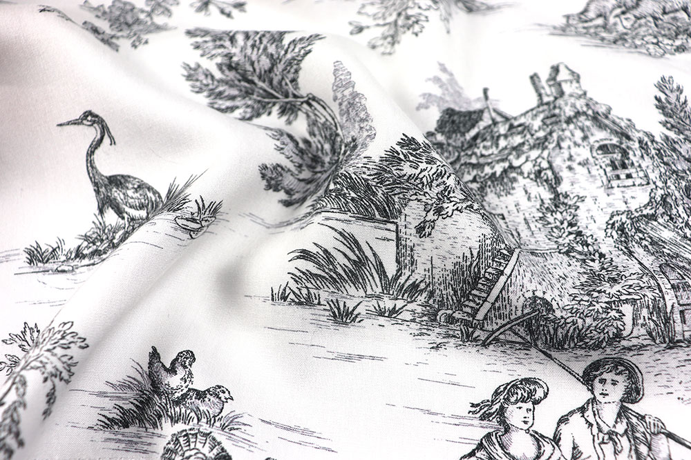 Geschmeidige, sanforisierte Viskose mit einem klassischen Toile-Motiv! Bk7939 Viskosestoff Toile De Jouy 1 Toile de Jouy Viskosestoff - Toile de Jouy - Erntezeit