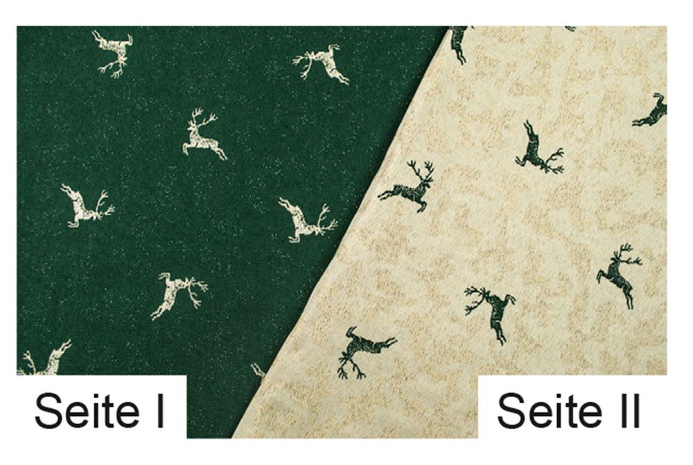 Beidseitig nutzbarer Dekostoff im romantischen Landhaus-Stil Ds2198 Dekostoff Jacquard Hirsche Beige Gruen1 Dekostoffe Landhaus Dekostoff Zweiseitiger Jacquard - Kleine Hirsche - Tanne
