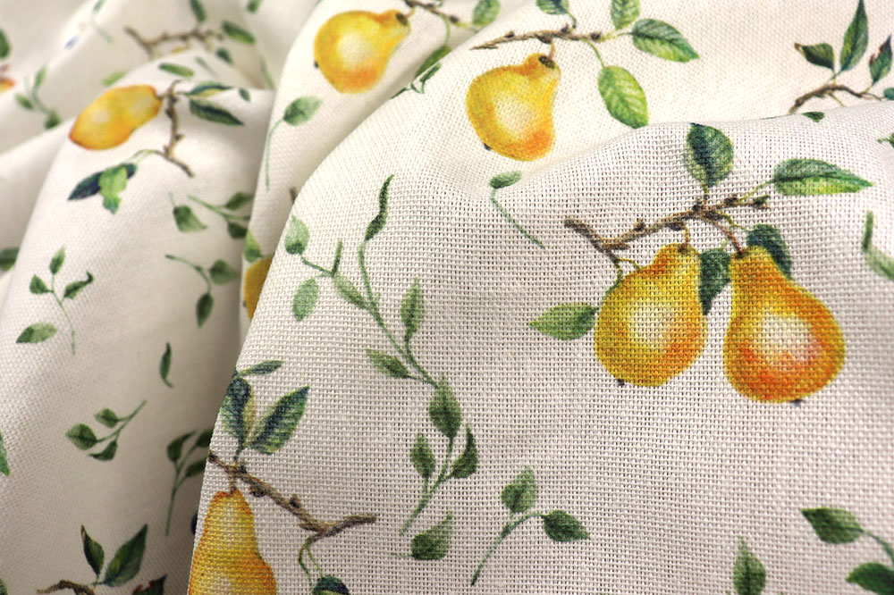 Fruchtig-sommerliches Design auf einem gemütlich-rustikal wirkenden Gewebe mit hohem Baumwollanteil Ds3361 Dekostoff Birnen S4 Blumen, Früchte, Pflanzen - 280 cm Dekostoffe Dekostoff Recycling - Äpfel und Birnen - 280 cm