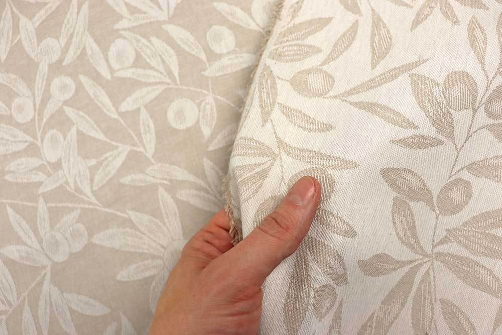 Beidseitig, sanforisiert, acrylbeschichtet, fleckabweisend - Baumwoll-Jacquard mit Olivenmotiv – Premium-Eleganz für stilvolle Wohnideen! Ds6332 Jacquard Dekostoff Oliven S4 Outdoor Bezugsstoffe Outdoor-Jacquard - Olive Nature