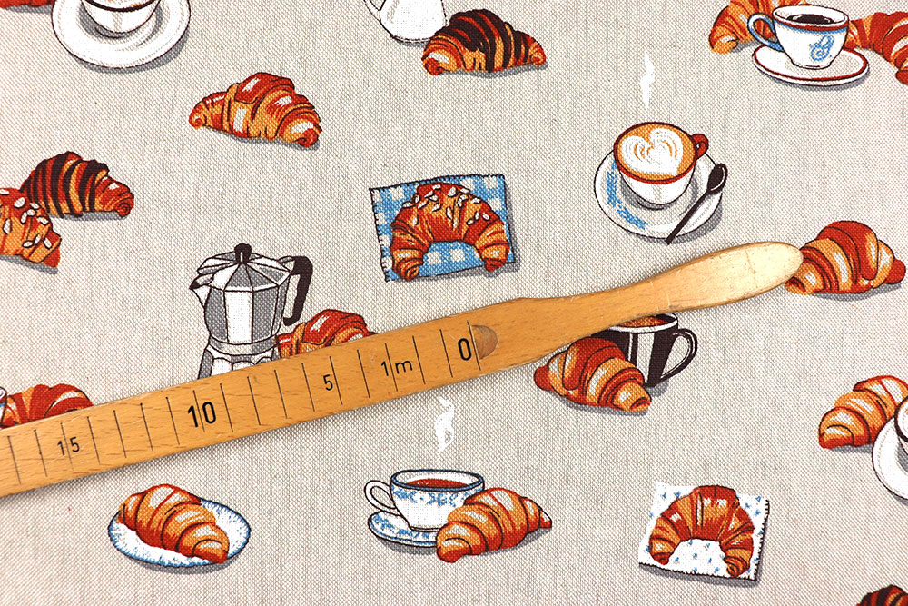 Darauf erst mal ein Croissant! Rustikaler Dekostoff mit schmackhaftem Design - ideal für Feinschmecker! Ds6343 Dekostoff Croissants S4 Dekostoffe NEU  Dekostoff Leinenoptik - Croissants