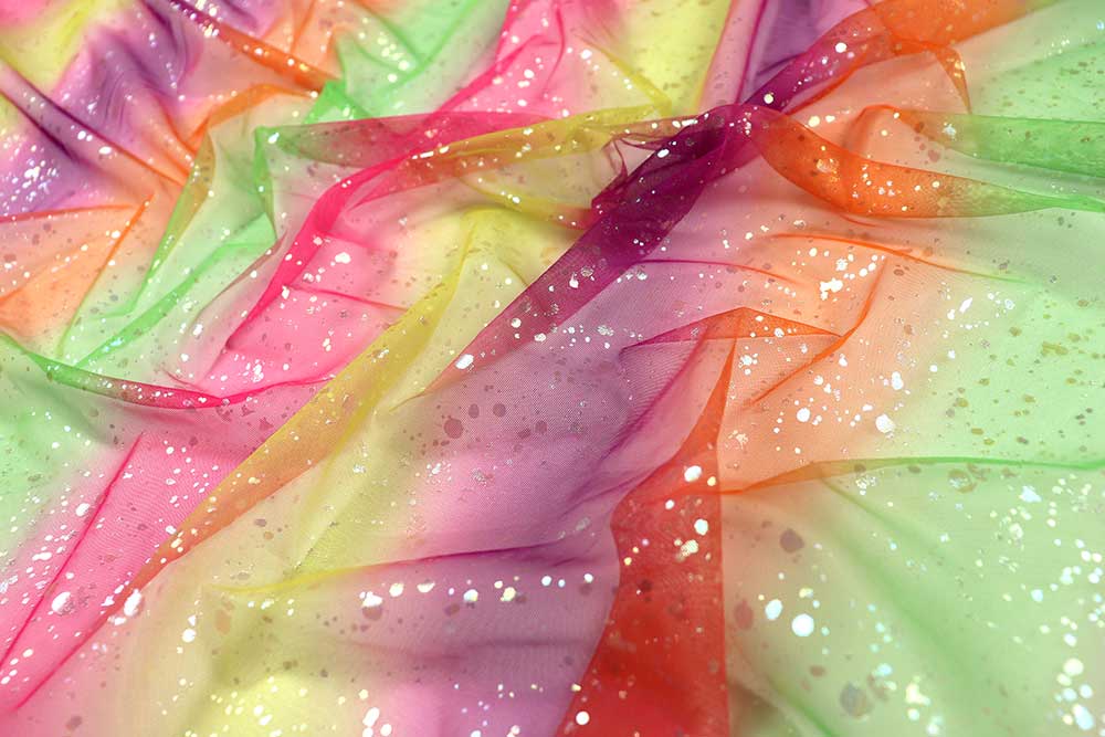 Knallig bunter Batik-Tüllstoff mit Glitzereffekt! Fn3185 Mesh Regenbogen Hand Futterstoffe/Taft Glitter Mesh - Rainbow