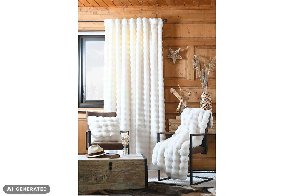 Weiches Fellimitat in edlem Creme – kuschelig, wärmend und vielseitig für Deko, Accessoires und Mode. Fp1144 Fellimitat Creme Anwendungsbeispiel Vorhang Fellstoffe Pelzimitat - Nebraska - Creme