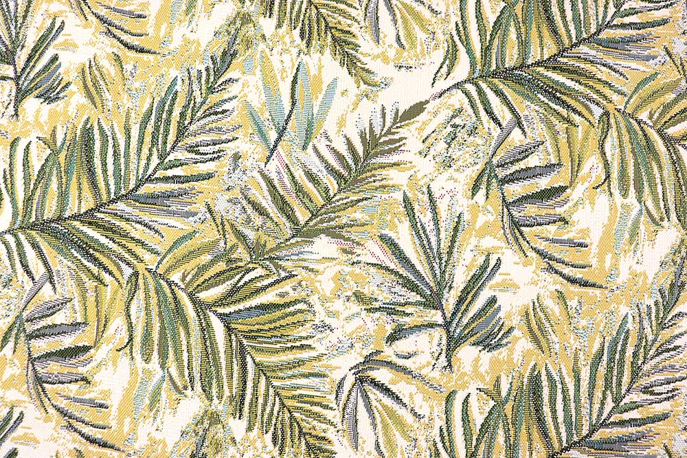 Strahlende Tropenstimmung für drinnen & draußen – robust, pflegeleicht und umweltschonend produziert. Ms5183 Gobelin Tropen Blaetter S4 Dekostoffe Jacquard Outdoor-Gobelin Bio - Capri