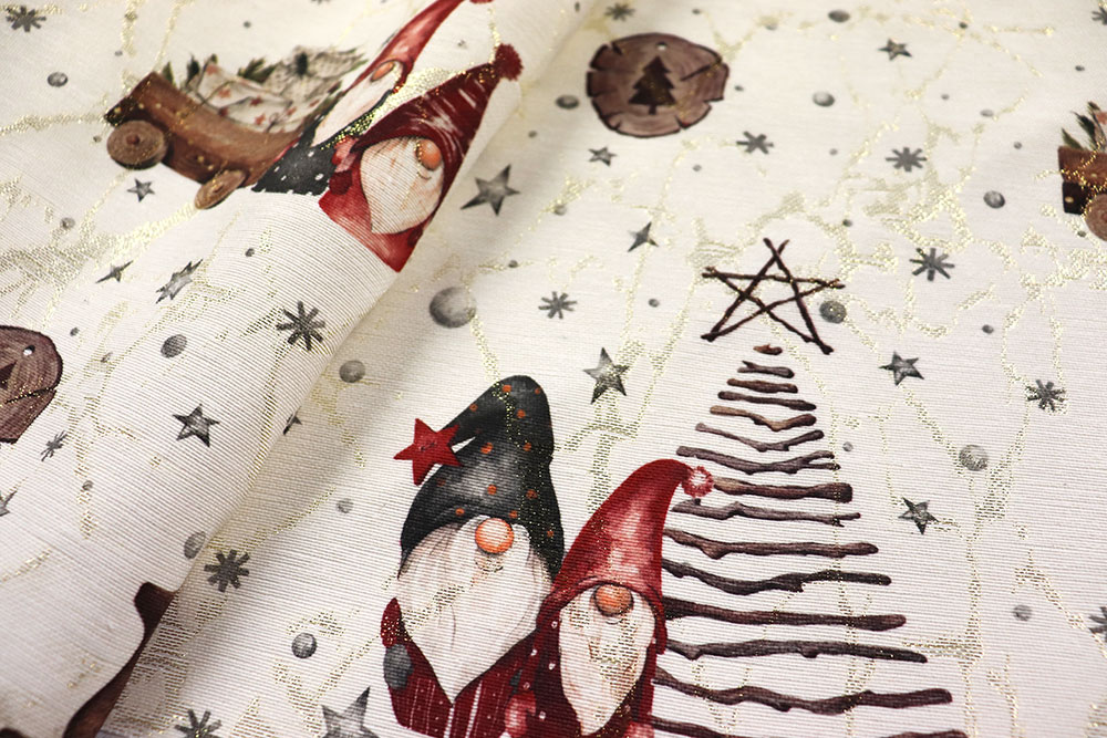 Edler Jacquard mit Glitzerelementen und herrlich festlicher Winterlandschaft, in der Wichtel ihr Unwesen treiben Wn5320 Jacquard Weihnachtsstoff Wichtel Weihnachten Wichtel Jacquard Glitzer - Wichtel-Weihnacht