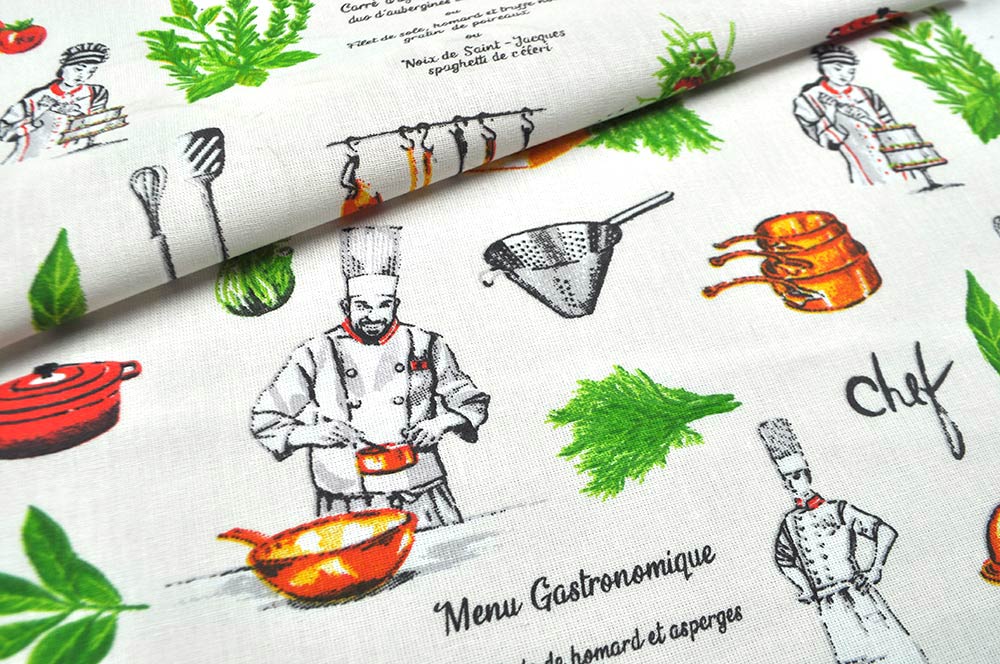 Feiner Cretonne mit detailreichem Motiv - wir wünschen Bon Appetit! Co6750 Baumwollstoff Koch  Baumwoll-Dekostoff - Sternekoch