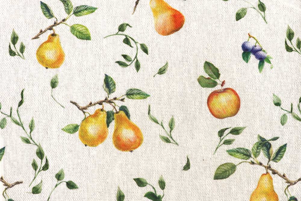 Fruchtig-sommerliches Design auf einem gemütlich-rustikal wirkenden Gewebe mit hohem Baumwollanteil Ds3361 Dekostoff Birnen S4 Blumen, Früchte, Pflanzen - 280 cm Dekostoffe Dekostoff Recycling - Äpfel und Birnen - 280 cm