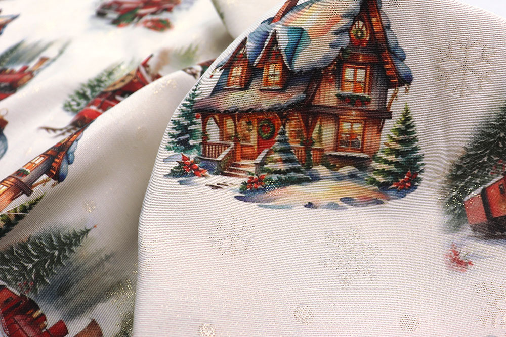Weihnachtsstimmung mit Dampf, Glitzer und Liebe zum Detail. Wn5338 Jacquard Weihnachtsstoff Eisenbahn S4 Weihnachten Figuren Jacquard Glitzer - Christmas Express