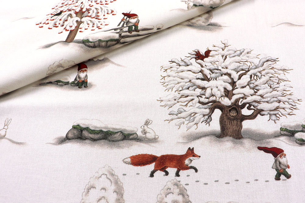 Reisen Sie in den verschneiten Winterwald mit Füchsen & Wichteln - absolute Premiumqualität aus der Scandinavia-Serie! Wn5360 Weihnachtsstoff Wichtel Fuchs Weihnachten Wichtel Dekostoff Premium Scandinavia - Fuchs und Wichtel