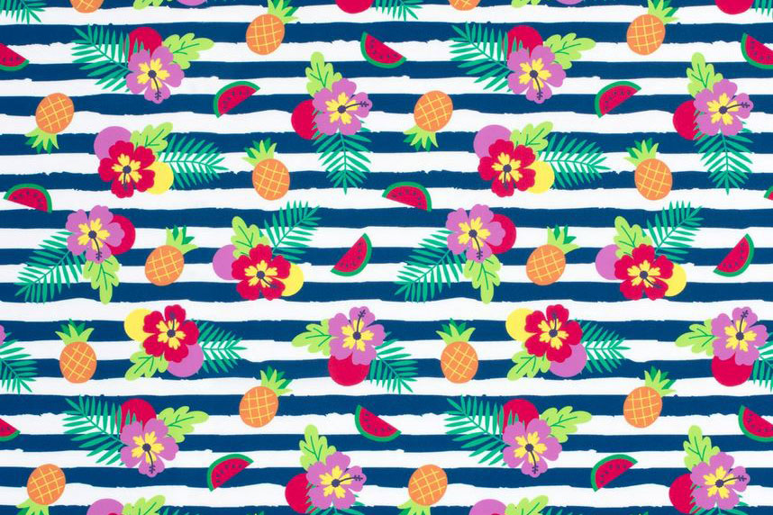 Ringel und bunte Blumen sorgen auf diesem digital bedruckten Stoff aus recycelten Fasern für eine fröhlich-sommerliche Optik! Bk7508 Badeanzugstoff Tropischestreifen S4y Recycling-Stoffe Badeanzugstoff Recycling - Tropische Streifen