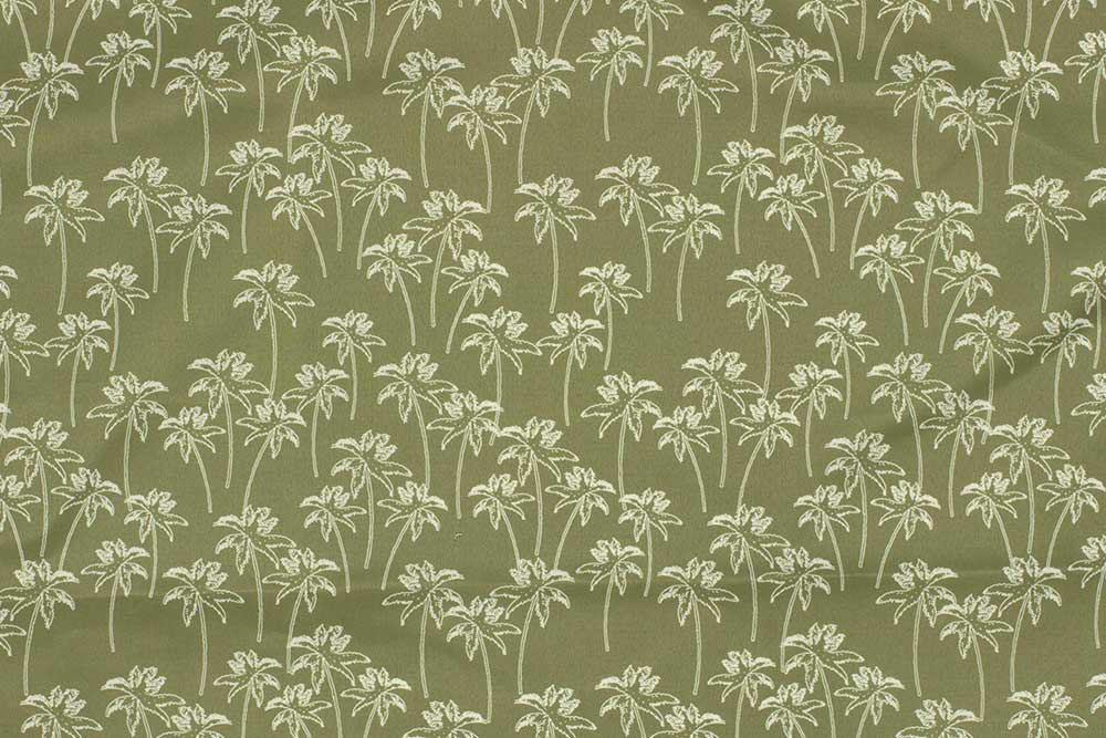 Tropisches Palmenmuster auf olivgrünem, wasserabweisendem Stoff – ideal für stilvolle Badeshorts! Bk7823 Badehosenstoff Olivepalm S4y Recycling-Stoffe Badehosen Stoff - Olive Palm