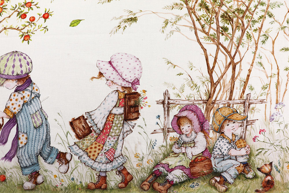 Detailverliebtes Design mit frühlingshaftem Charme auf reiner Baumwolle Co69 Maedchen Garten Baumwolle Kinder Baumwoll-Dekostoff Digital - Mädchen im Garten