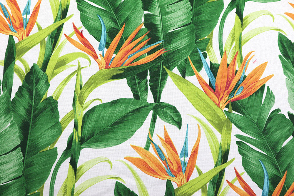 Farbenfrohe Strelizien, satte Palmblätter, praktische Überbreite - Premium-Ware aus reiner Baumwolle! Dekostoff Tropisch Dschungel(1) Gemusterte Stoffe Baumwoll-Dekostoff - Tropic Jungle - 280 cm