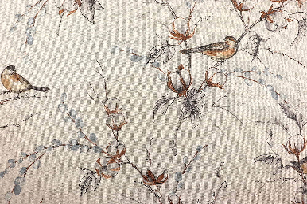 Zart gezeichnete Vögel und Baumwolläste auf Leinenstruktur – natürlich schön für kreative Wohnideen! Ds3338 Dekostoff Leinenoptik 280 Voegel Baumwolle S4 Blumen Dekostoff Leinenoptik - Skandi Garden - 280 cm