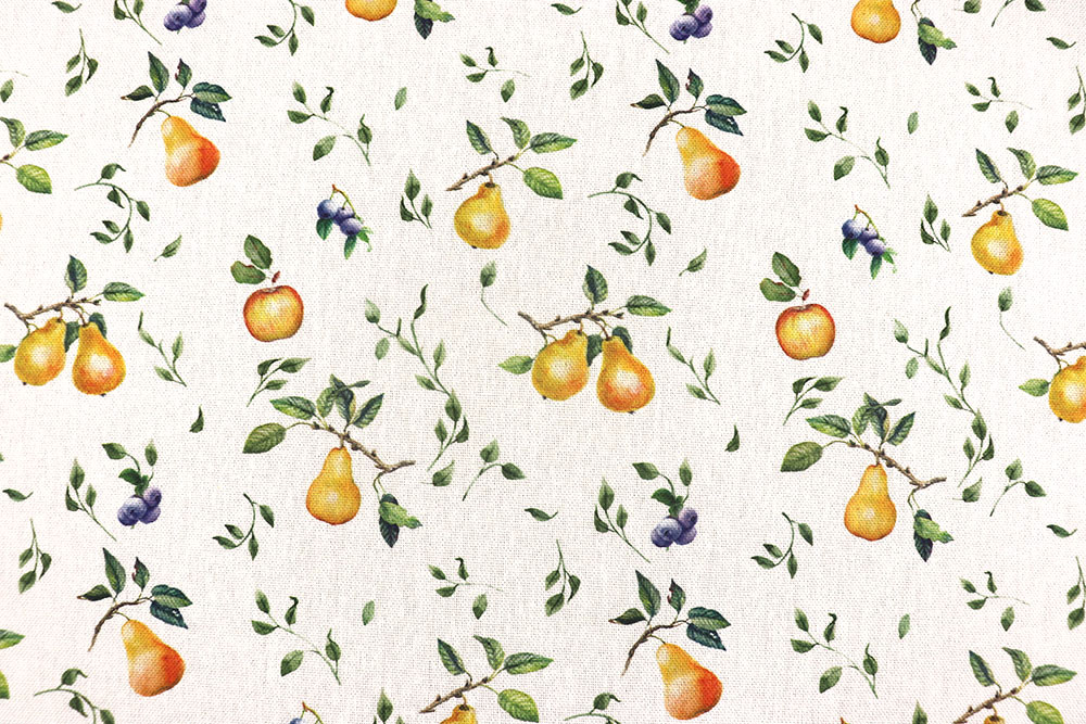 Fruchtig-sommerliches Design auf einem gemütlich-rustikal wirkenden Gewebe mit hohem Baumwollanteil Ds3361 Dekostoff Birnen S4 Blumen, Früchte, Pflanzen - 280 cm Dekostoffe Dekostoff Recycling - Äpfel und Birnen - 280 cm