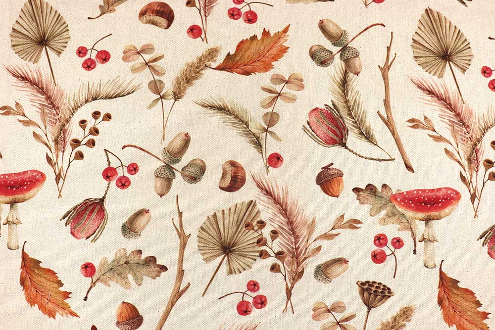 Ein Stoff wie ein Spaziergang durch den Herbstwald – mit Pilzen, Beeren und Blättern für märchenhafte DIY-Ideen. Ds6325 Dekostoff Recycling Herbst Pilze S4 L Recycling-Stoffe Recycling-Dekostoff - Woodland Tales