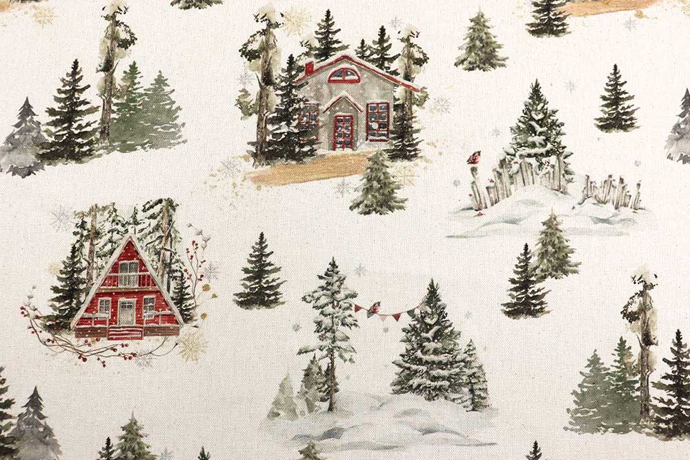 Hüttenzauber zum Vernähen: Mit verschneiten Tannen, roten Blockhütten und Winterwald-Flair zieht Gemütlichkeit direkt bei dir ein! Wn5343 Weihnachtsstoff Winter Haus S4 Recycling-Stoffe Recycling-Dekostoff - Winter Lodge